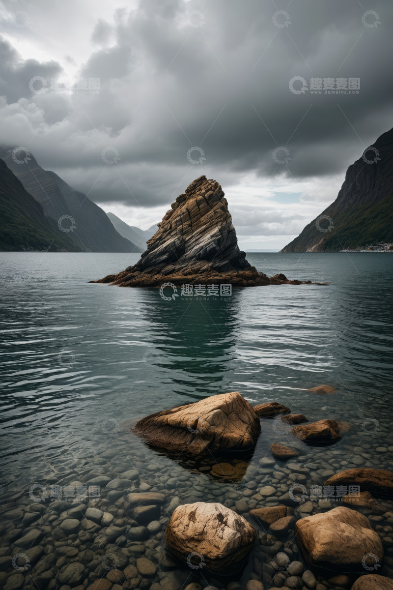 高清大图下载【趣麦麦图】挪威峡湾中的孤立岩石景观