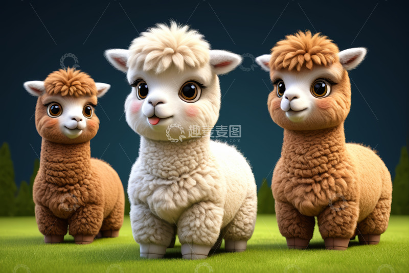 高清大图下载【趣麦麦图】三只可爱的卡通羊驼站在草地