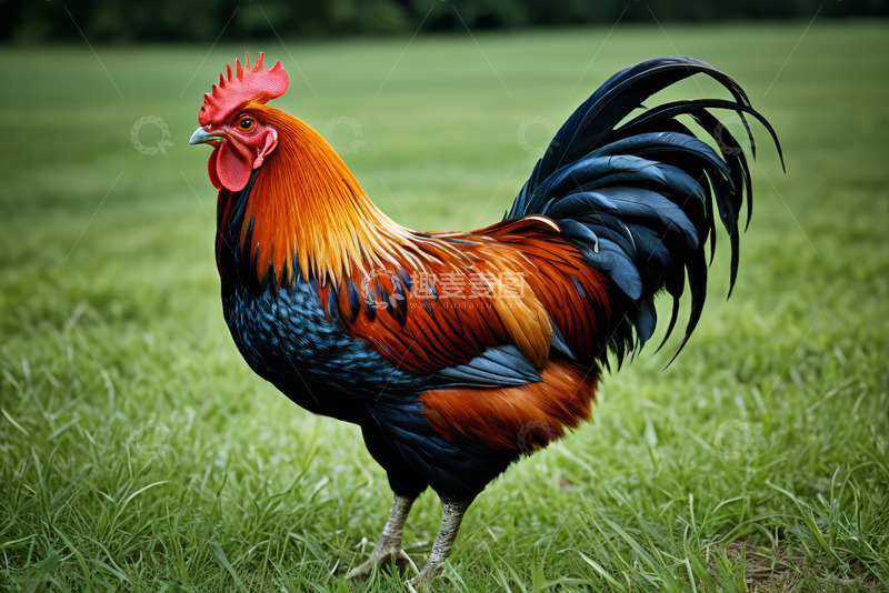 高清大图下载【趣麦麦图】草地上站立的彩色公鸡