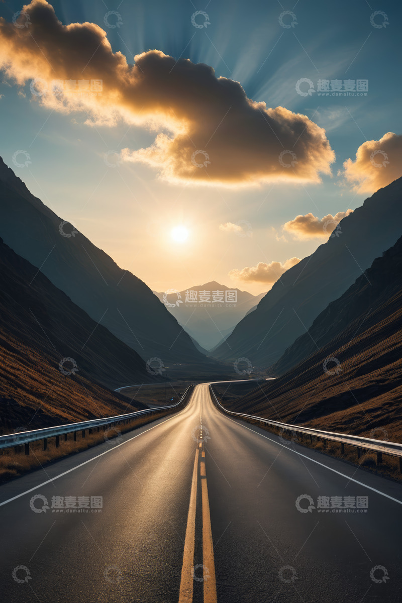 高清大图下载【趣麦麦图】山间公路日落风景