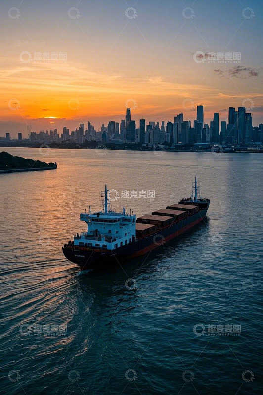 海上货船与城市天际线景观