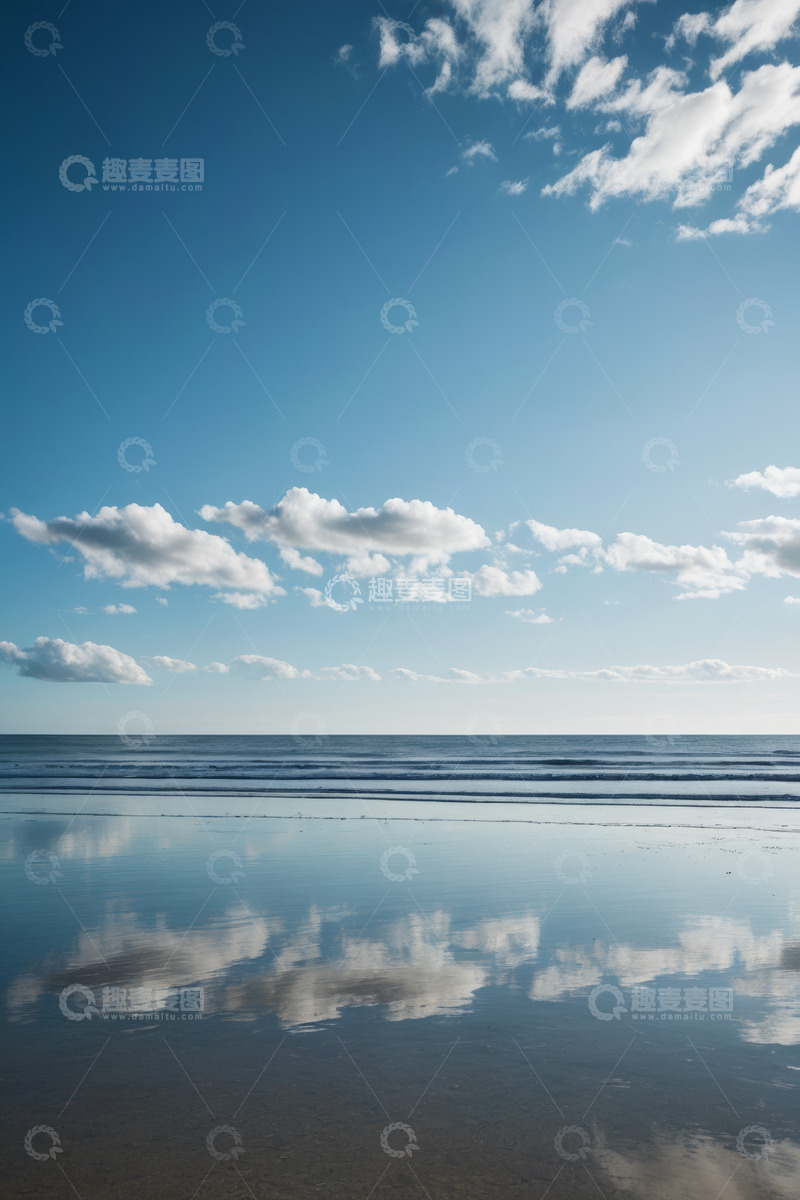 高清大图下载【趣麦麦图】蓝天白云下的海滩海面景象