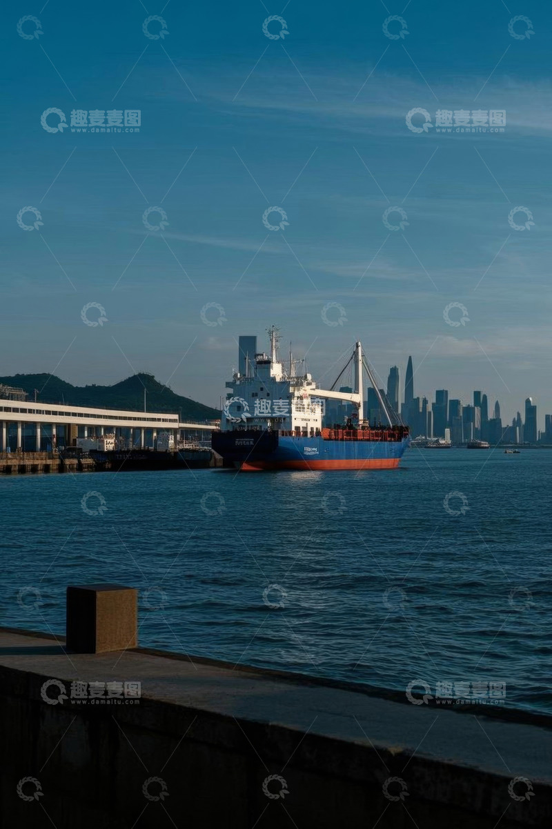 高清大图下载【趣麦麦图】港口货轮与城市天际线景观