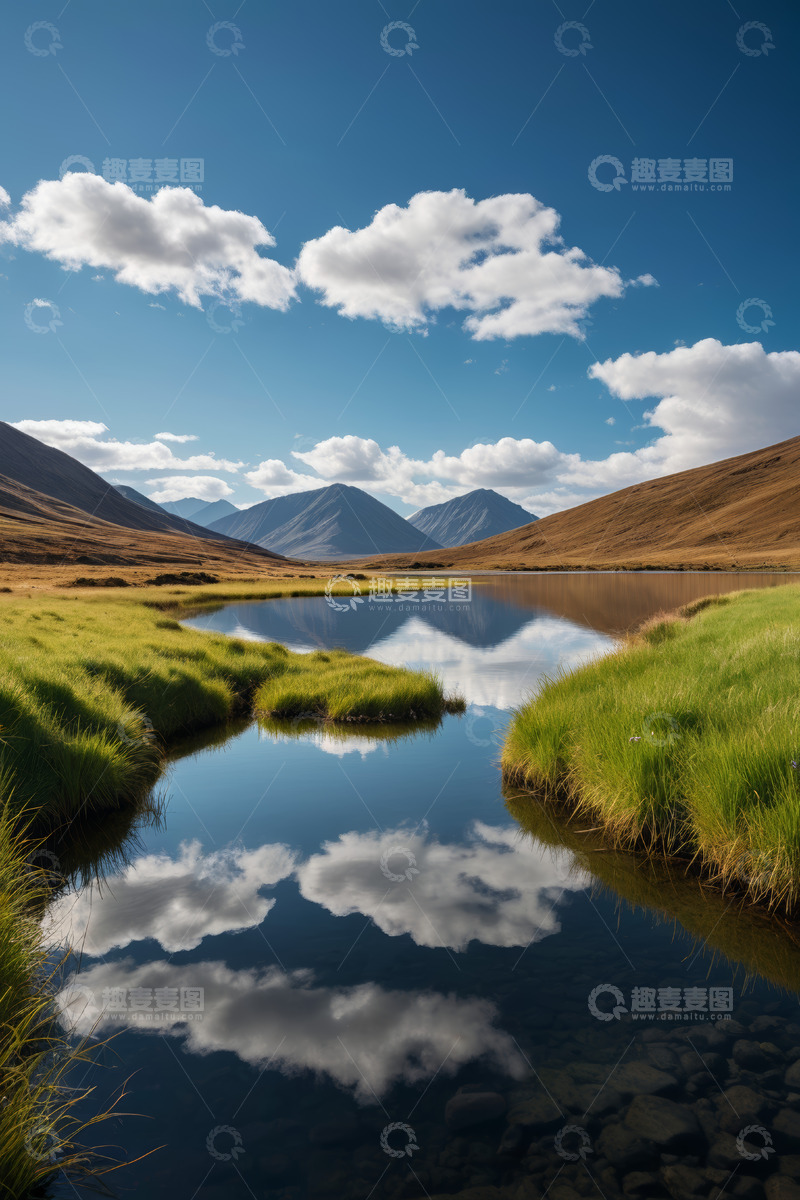 高清大图下载【趣麦麦图】蓝天白云下的山水自然景观