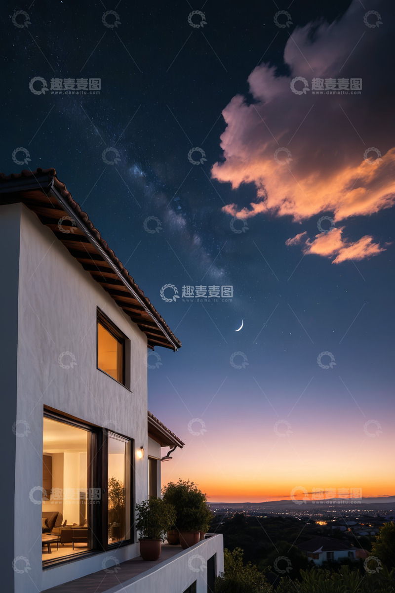 高清大图下载【趣麦麦图】夜晚别墅星空晚霞景观