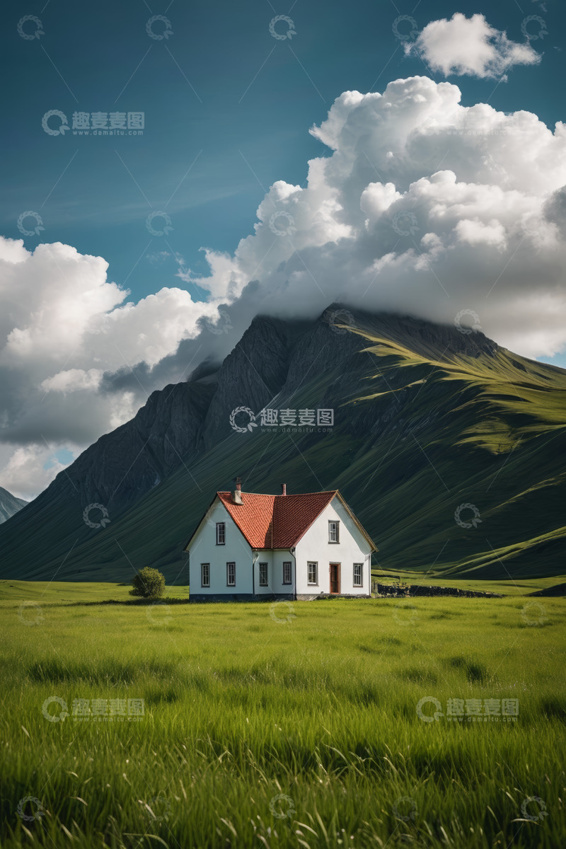 高清大图下载【趣麦麦图】草原上的小屋与远山风景