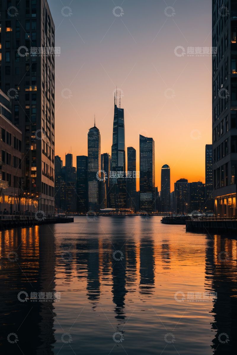 高清大图下载【趣麦麦图】黄昏下城市高楼与水面景观