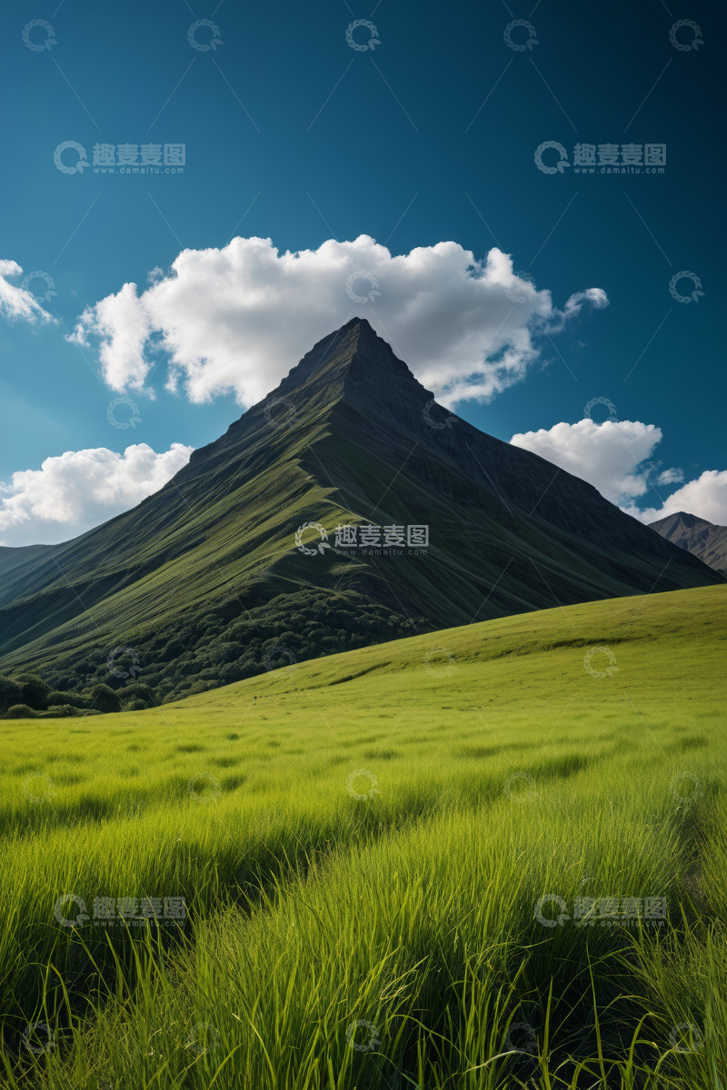 高清大图下载【趣麦麦图】草原上的山峰与蓝天白云景观