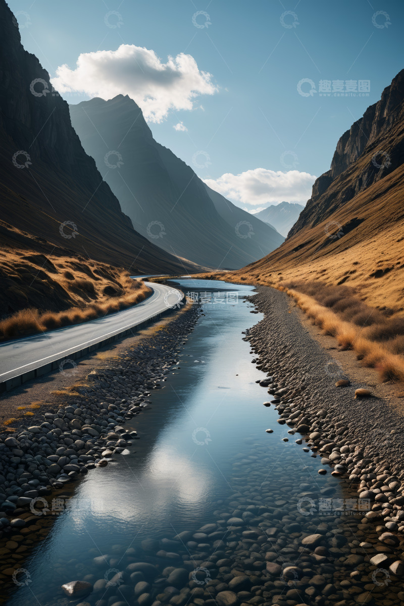 高清大图下载【趣麦麦图】山间公路旁的溪流风景