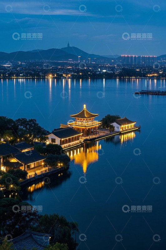 杭州西湖夜景古建筑风光