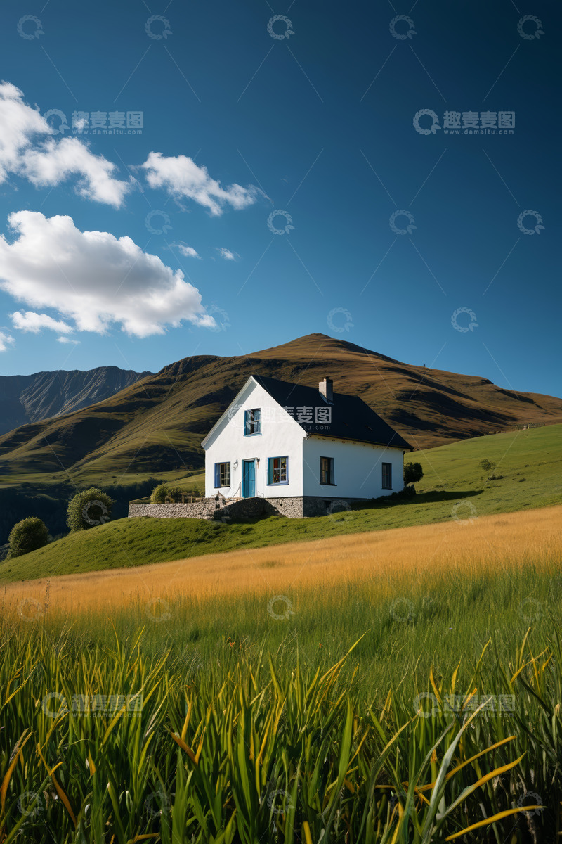 高清大图下载【趣麦麦图】山间草原上的独栋白色小屋