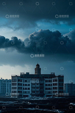乌云下被水淹没的城市建筑