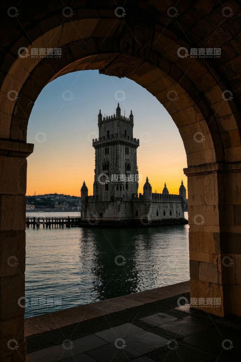 高清大图下载【趣麦麦图】葡萄牙里斯本贝伦塔黄昏景观