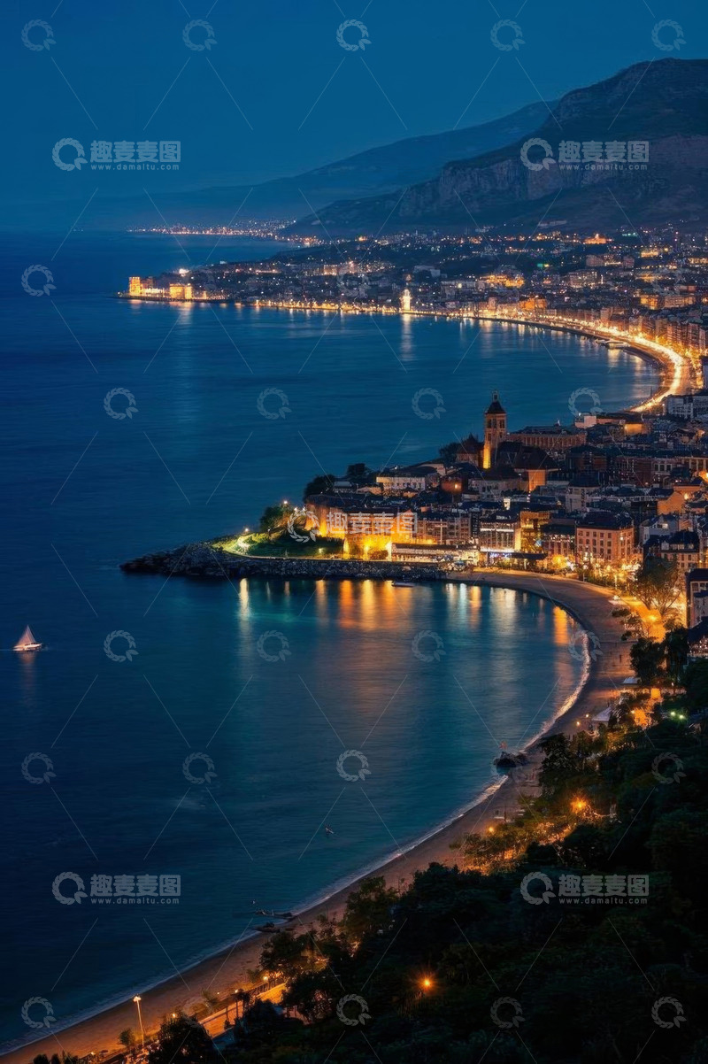 高清大图下载【趣麦麦图】海滨城市夜晚海岸线风光