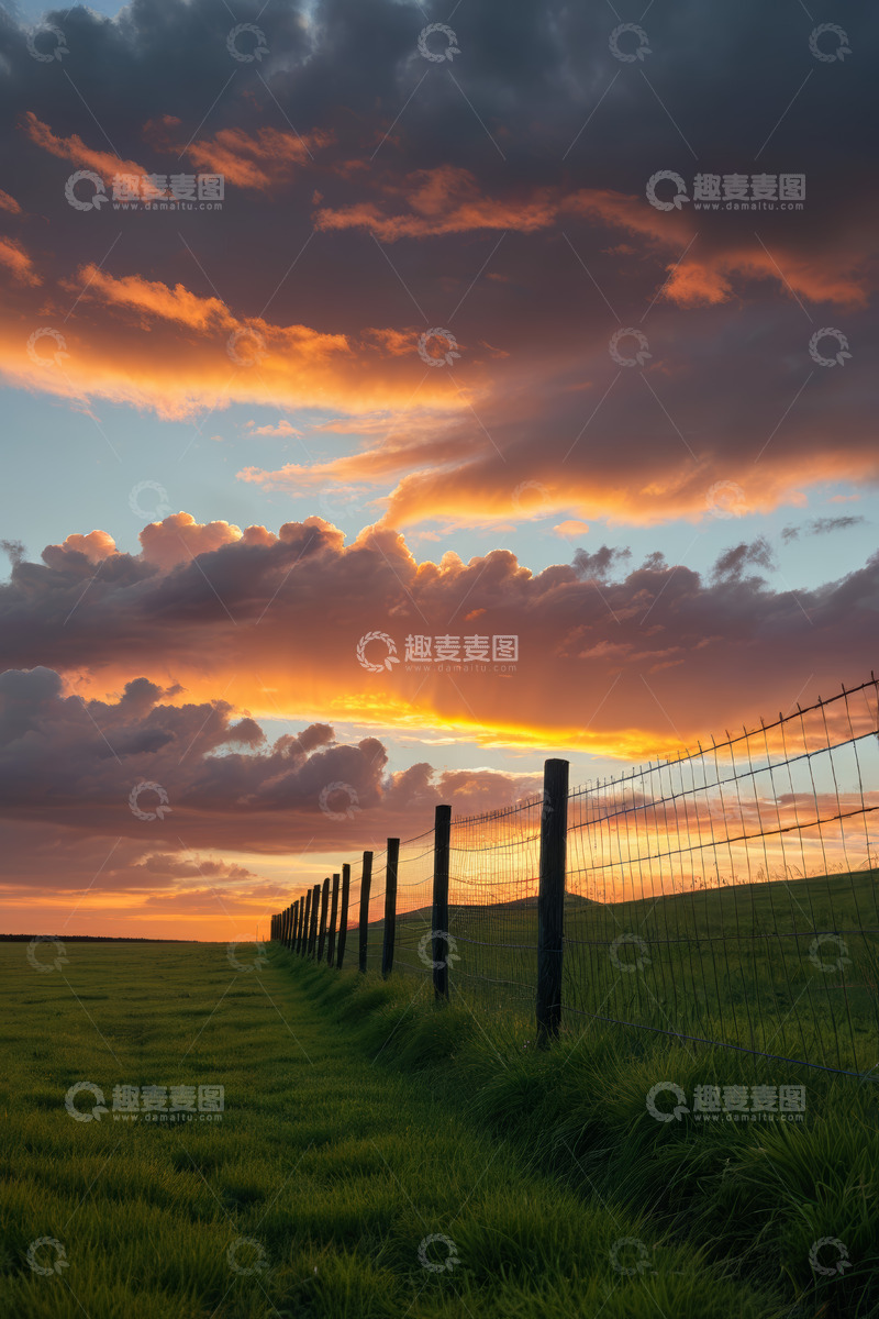 高清大图下载【趣麦麦图】草原日落时分围栏风景