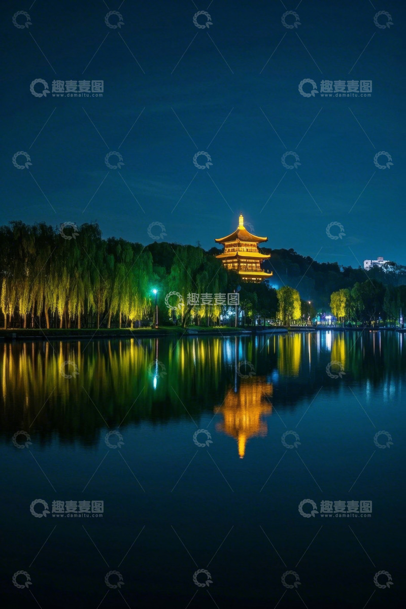 高清大图下载【趣麦麦图】湖畔古建筑夜景倒影