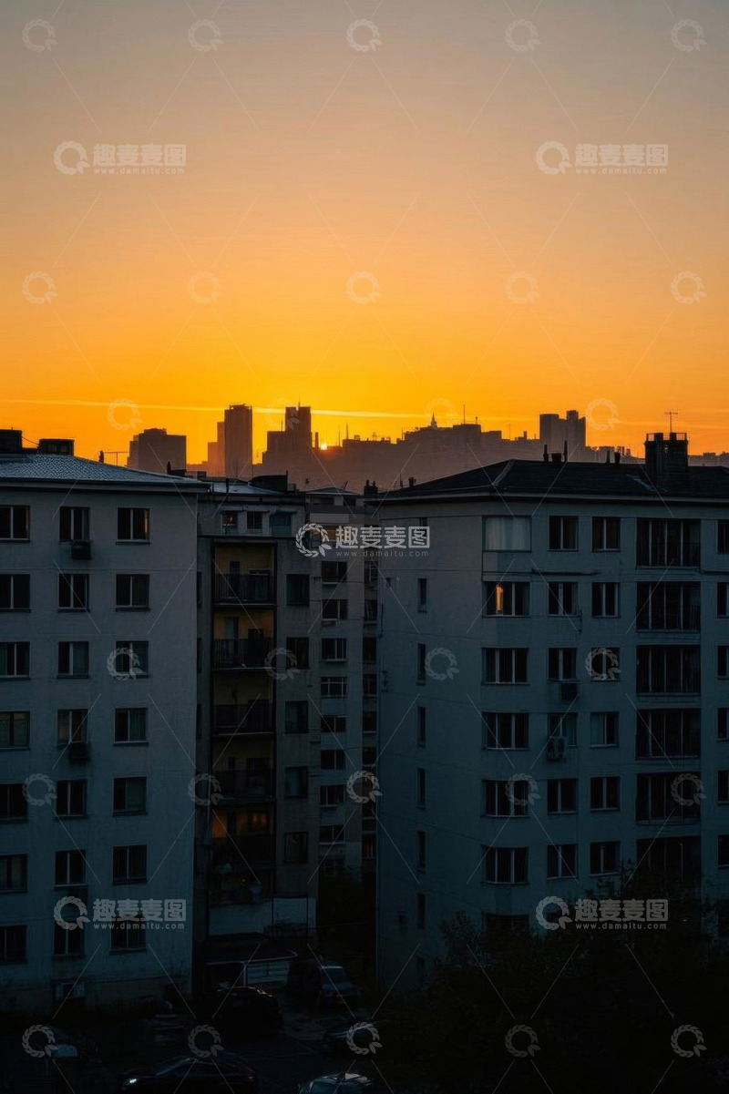 高清大图下载【趣麦麦图】城市日落时的居民楼景象