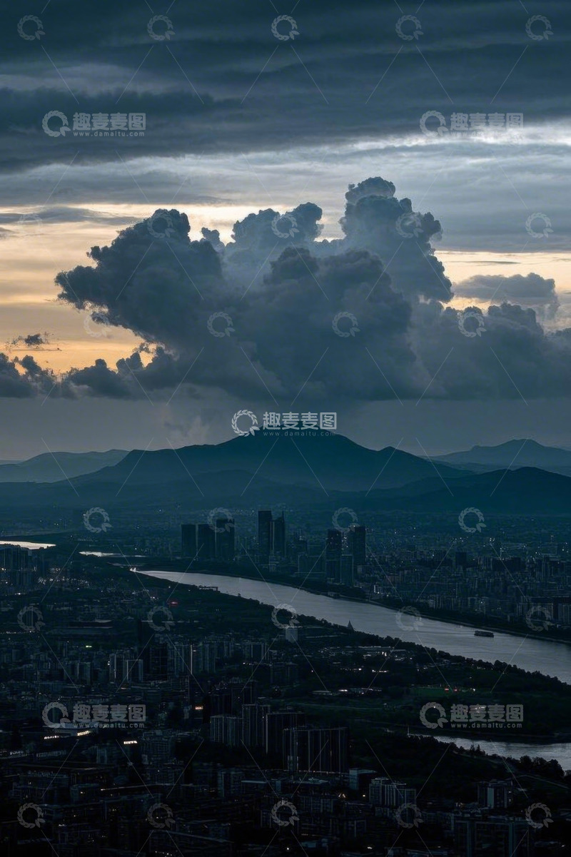 高清大图下载【趣麦麦图】城市山川河流黄昏全景