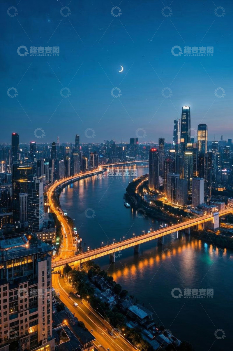 高清大图下载【趣麦麦图】城市河畔夜景高楼与桥梁景观