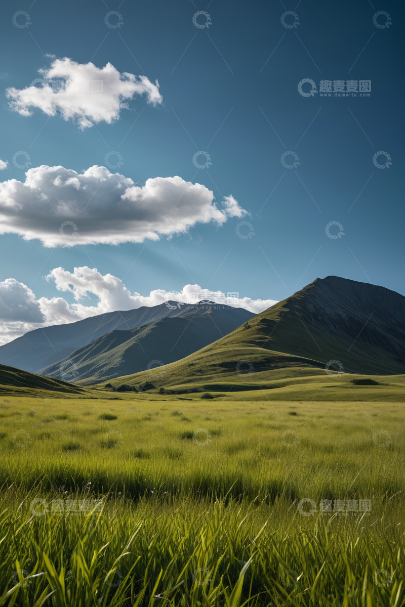 高清大图下载【趣麦麦图】蓝天白云下的草原与远山景观