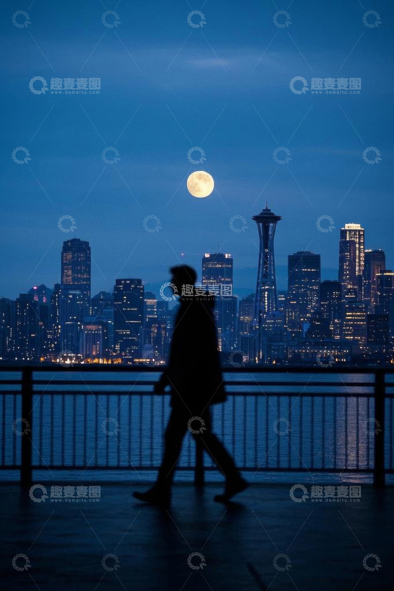 高清大图下载【趣麦麦图】夜晚行人与城市天际线及满月