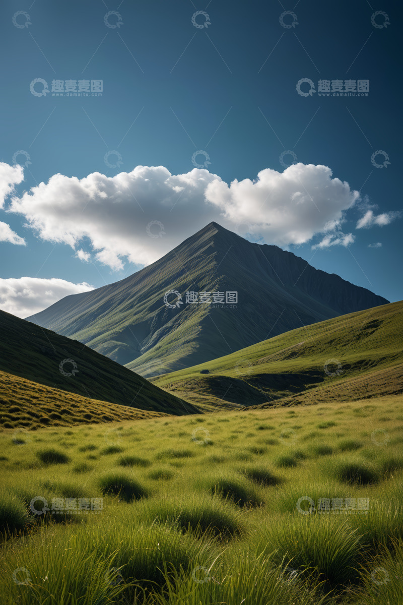 高清大图下载【趣麦麦图】草原上的巍峨山峰与蓝天白云