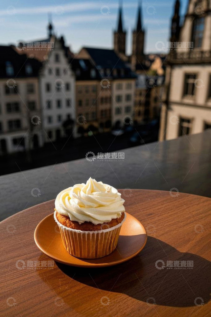 高清大图下载【趣麦麦图】城市景观前的奶油纸杯蛋糕