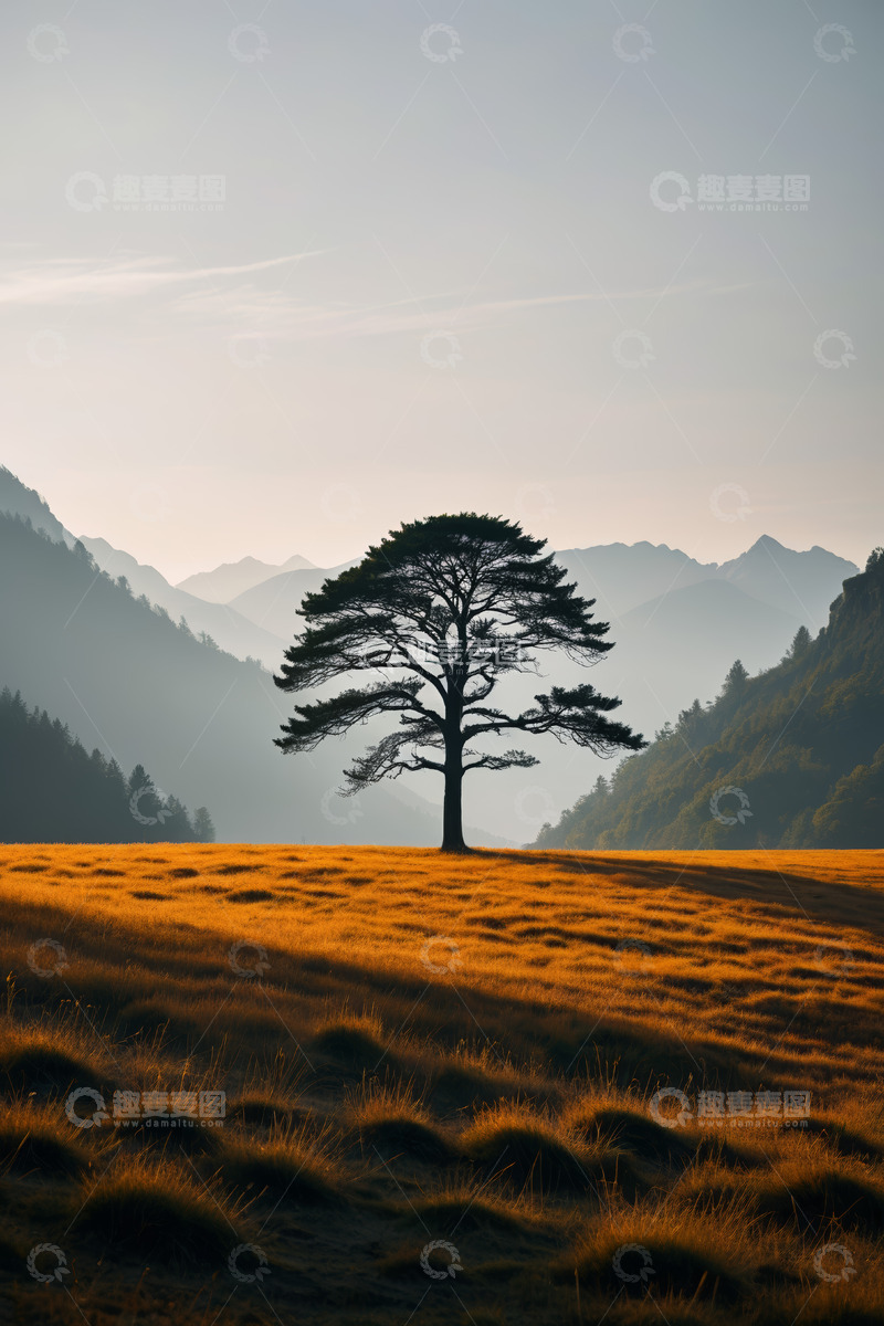 高清大图下载【趣麦麦图】山间草地孤树自然风光