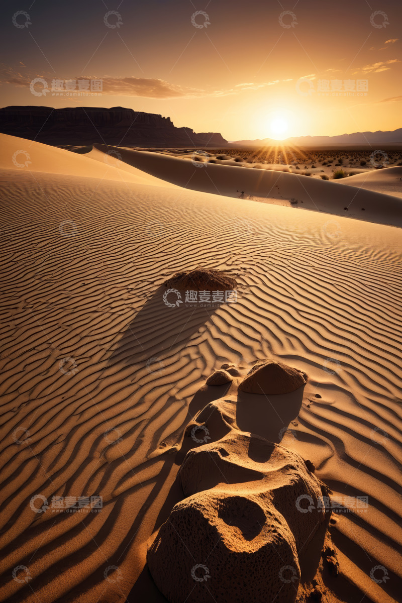 高清大图下载【趣麦麦图】沙漠夕阳下的沙丘与岩石景观