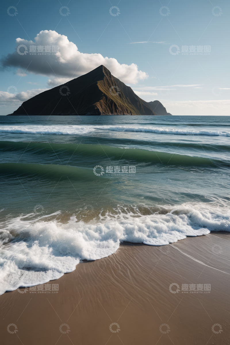 高清大图下载【趣麦麦图】海滩海浪与远处山峦景象