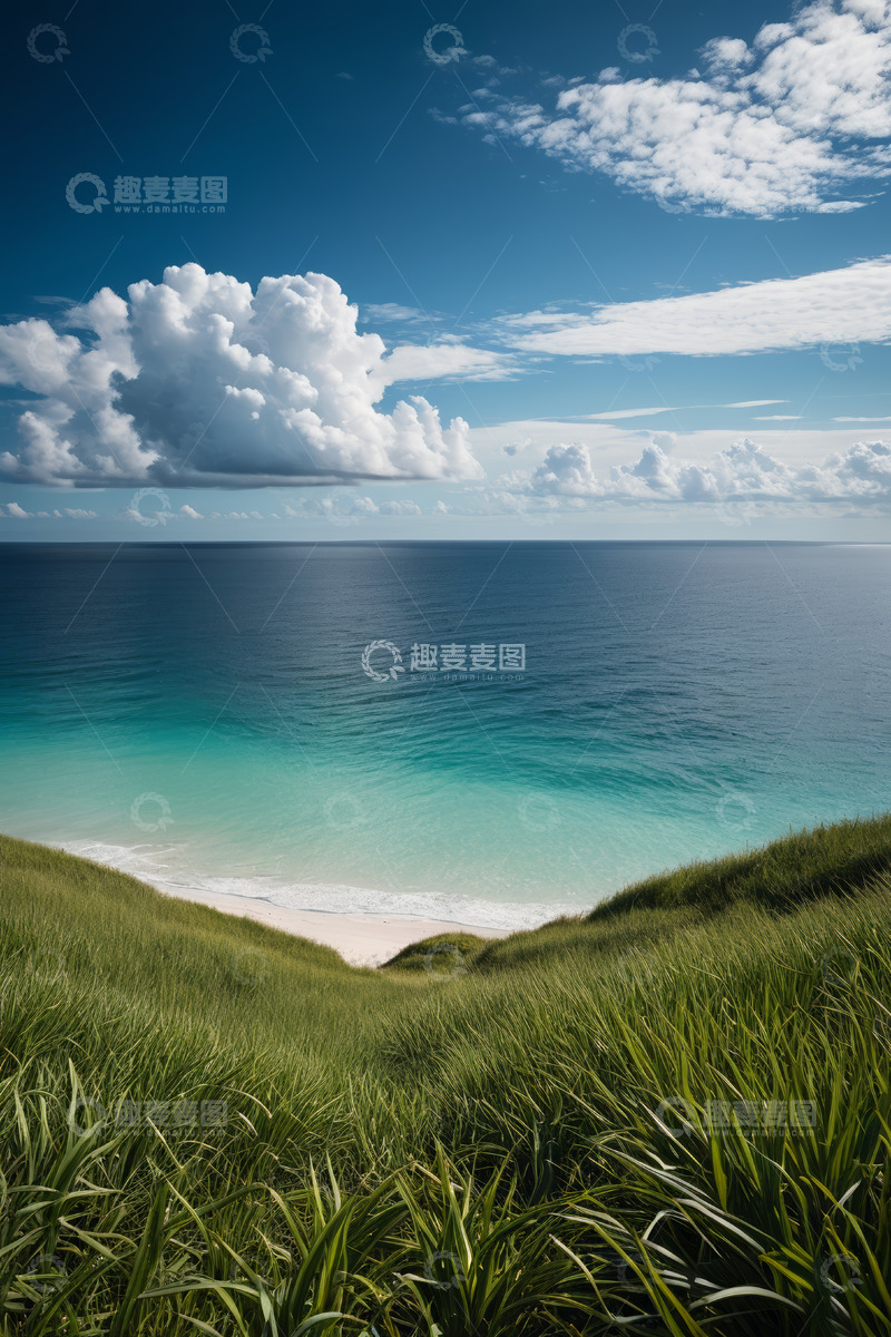 高清大图下载【趣麦麦图】海边草地与蓝天白云景观