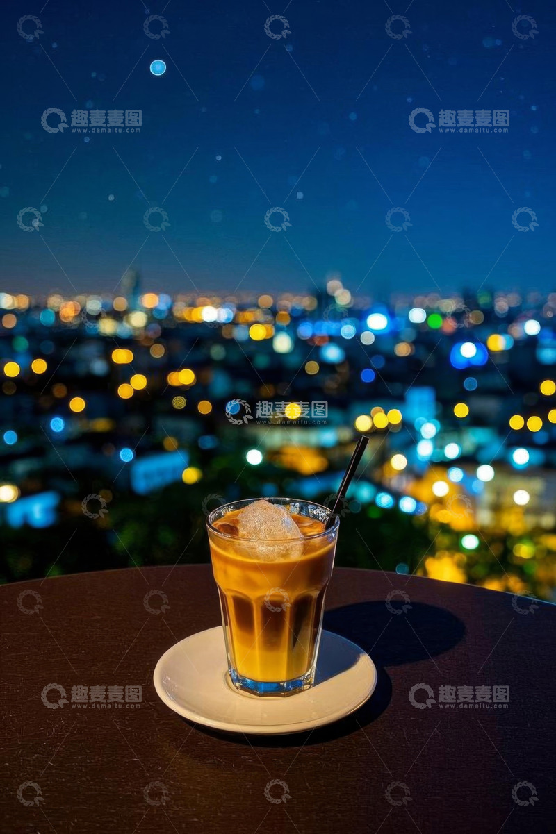 高清大图下载【趣麦麦图】夜景下桌上的一杯冰咖啡