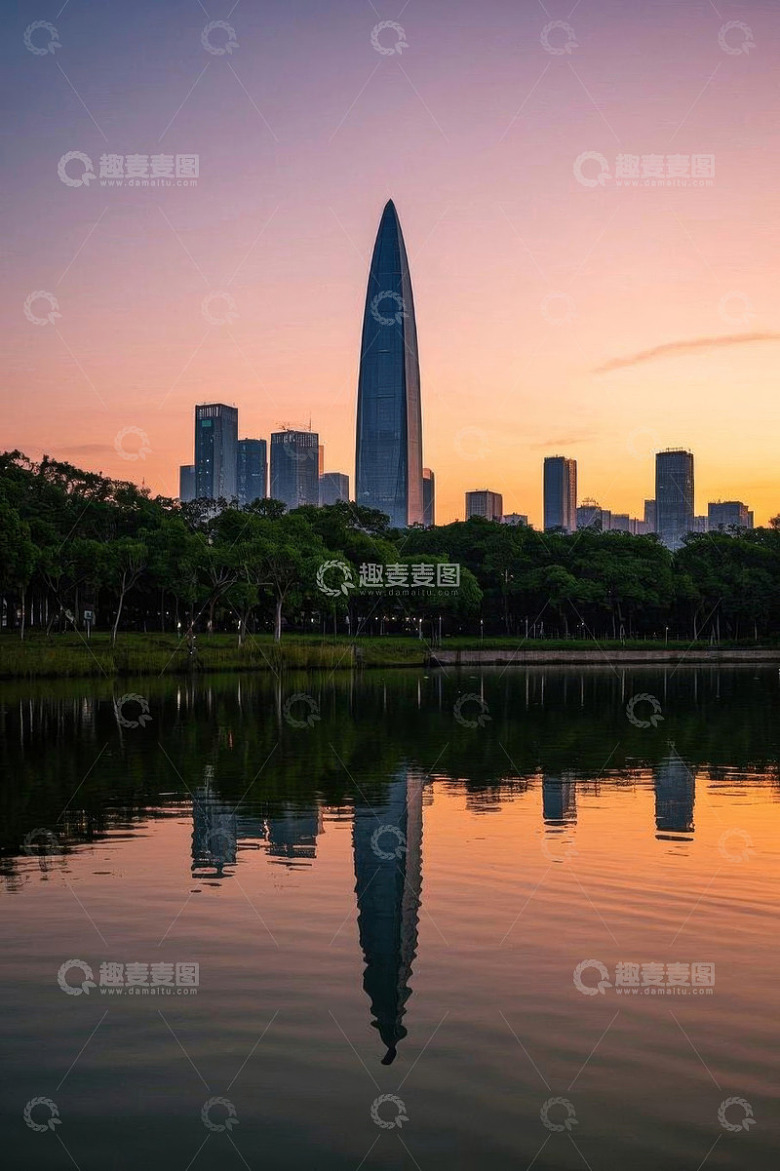 深圳城市建筑湖边倒影景观