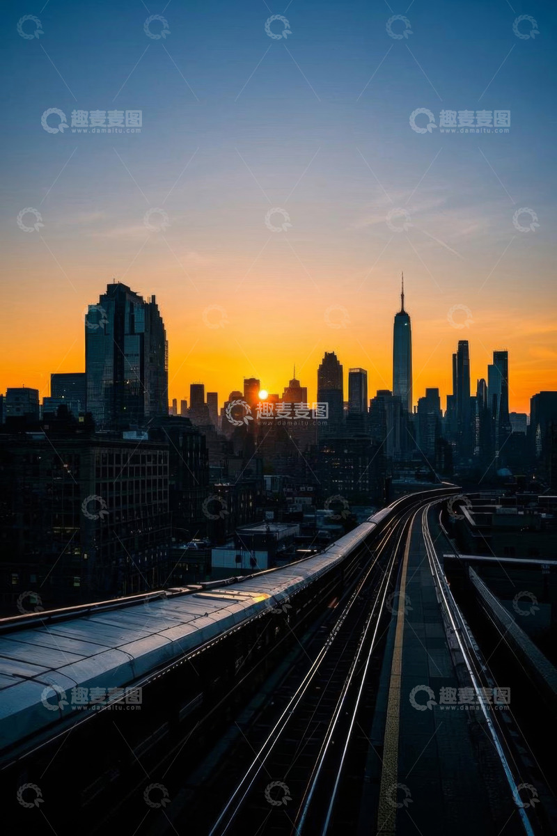 高清大图下载【趣麦麦图】城市日落时铁轨上的火车