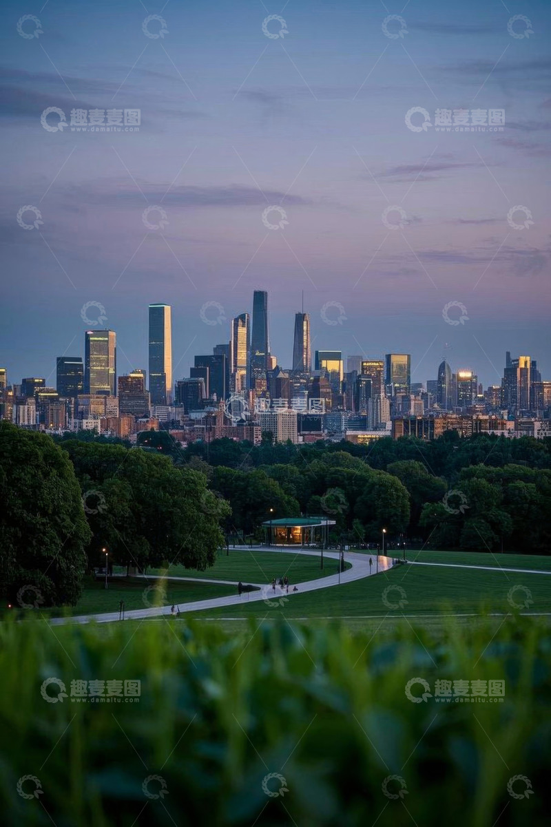 高清大图下载【趣麦麦图】公园远眺城市高楼建筑群