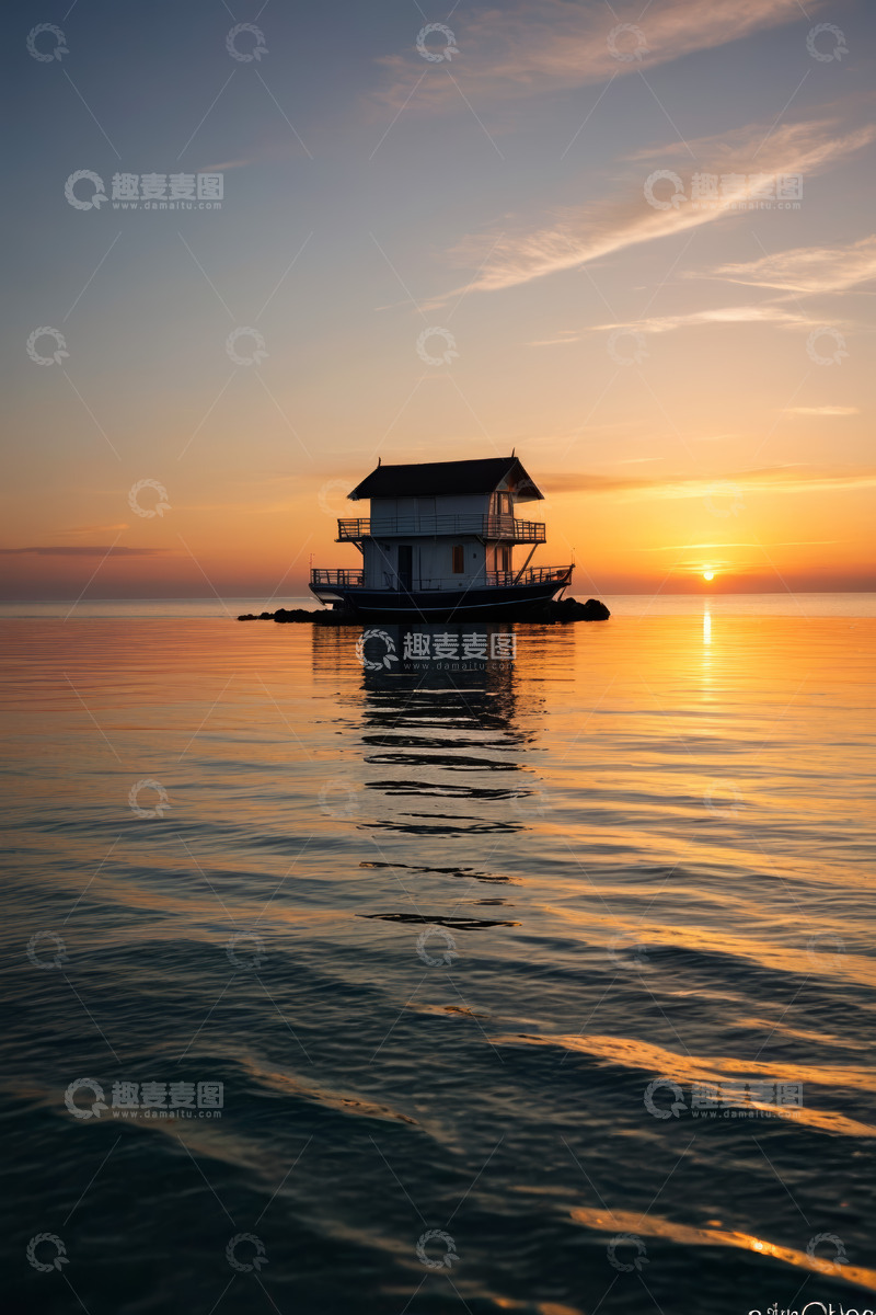 高清大图下载【趣麦麦图】海上小屋日落景观