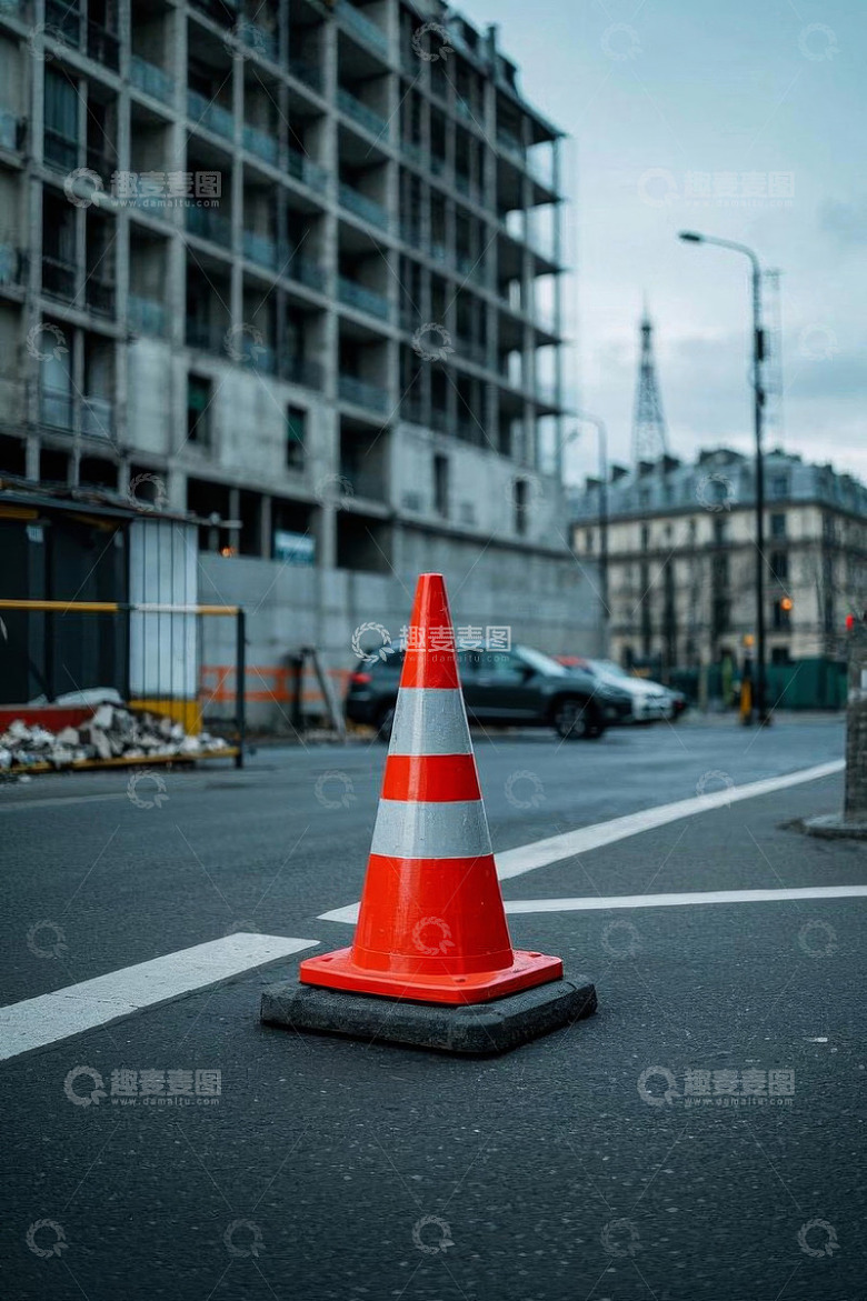 街道上的交通锥与建筑背景