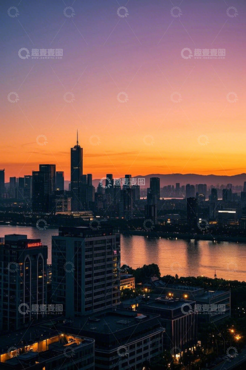 高清大图下载【趣麦麦图】城市日落时分江景与高楼