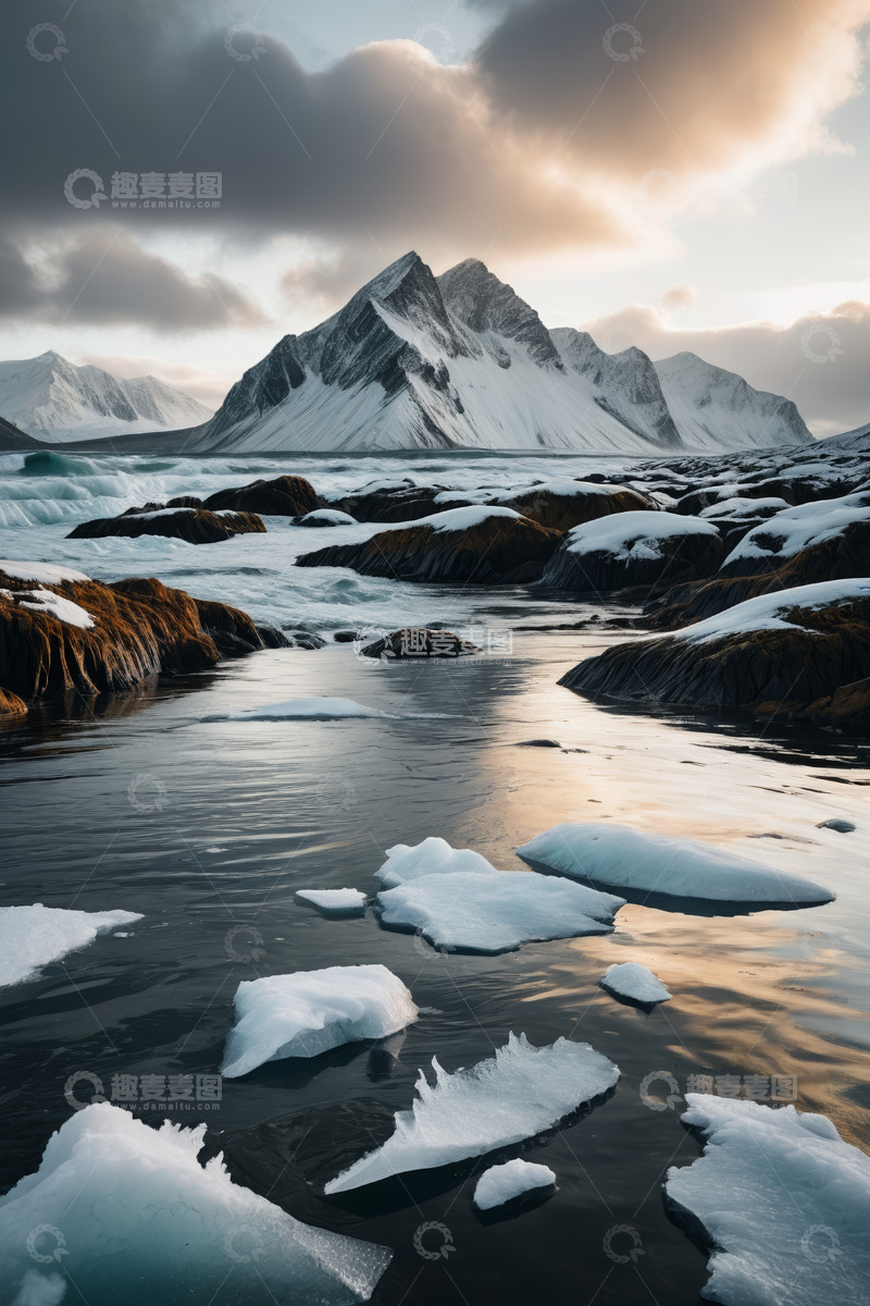 高清大图下载【趣麦麦图】雪山下河流上漂浮的冰块