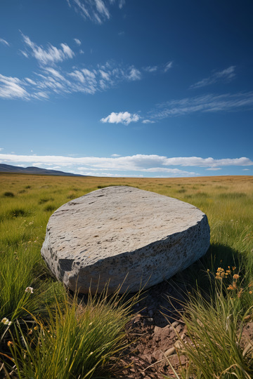 草原上的巨石与蓝天白云