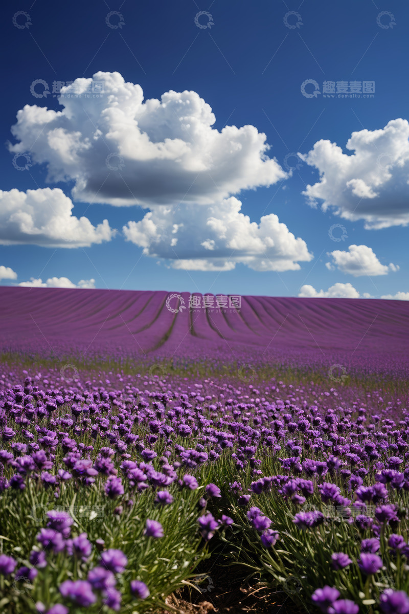 高清大图下载【趣麦麦图】紫色薰衣草花田与蓝天白云