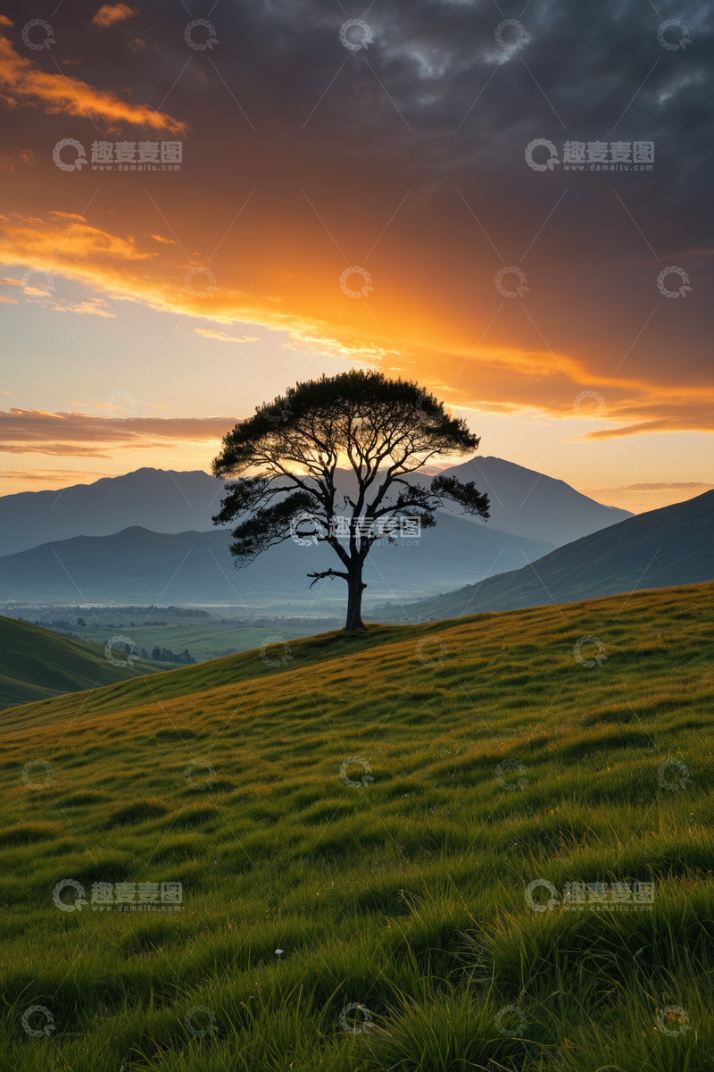 高清大图下载【趣麦麦图】山丘上独树与黄昏美景