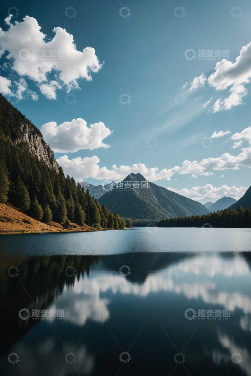 高清大图下载【趣麦麦图】蓝天白云下的山湖自然风光
