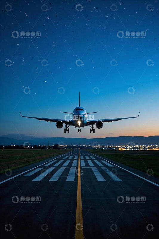 夜晚跑道上降落的飞机