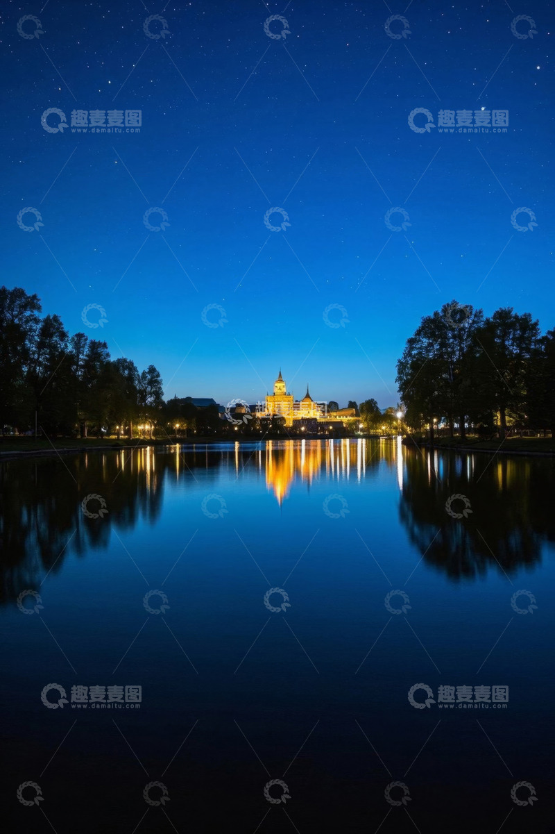 高清大图下载【趣麦麦图】夜晚湖边建筑倒影星空景象