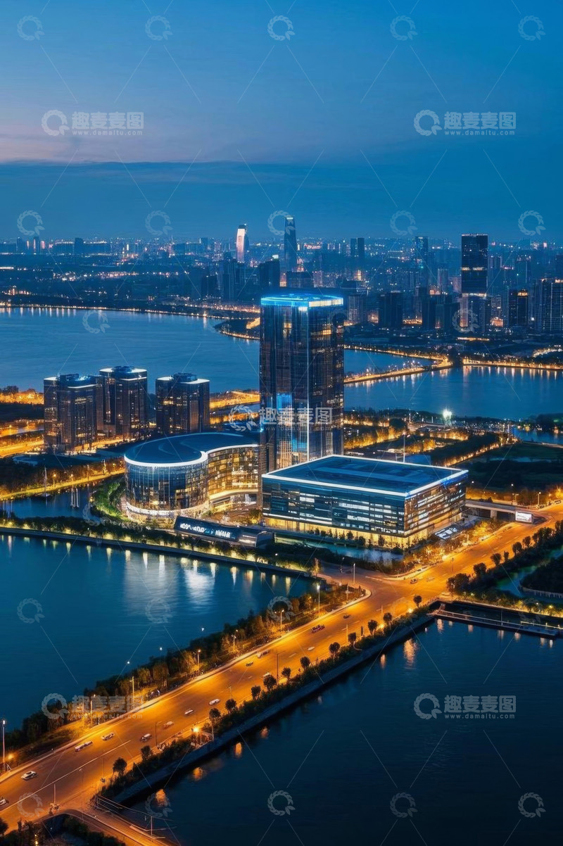 高清大图下载【趣麦麦图】城市滨水区域建筑群夜景