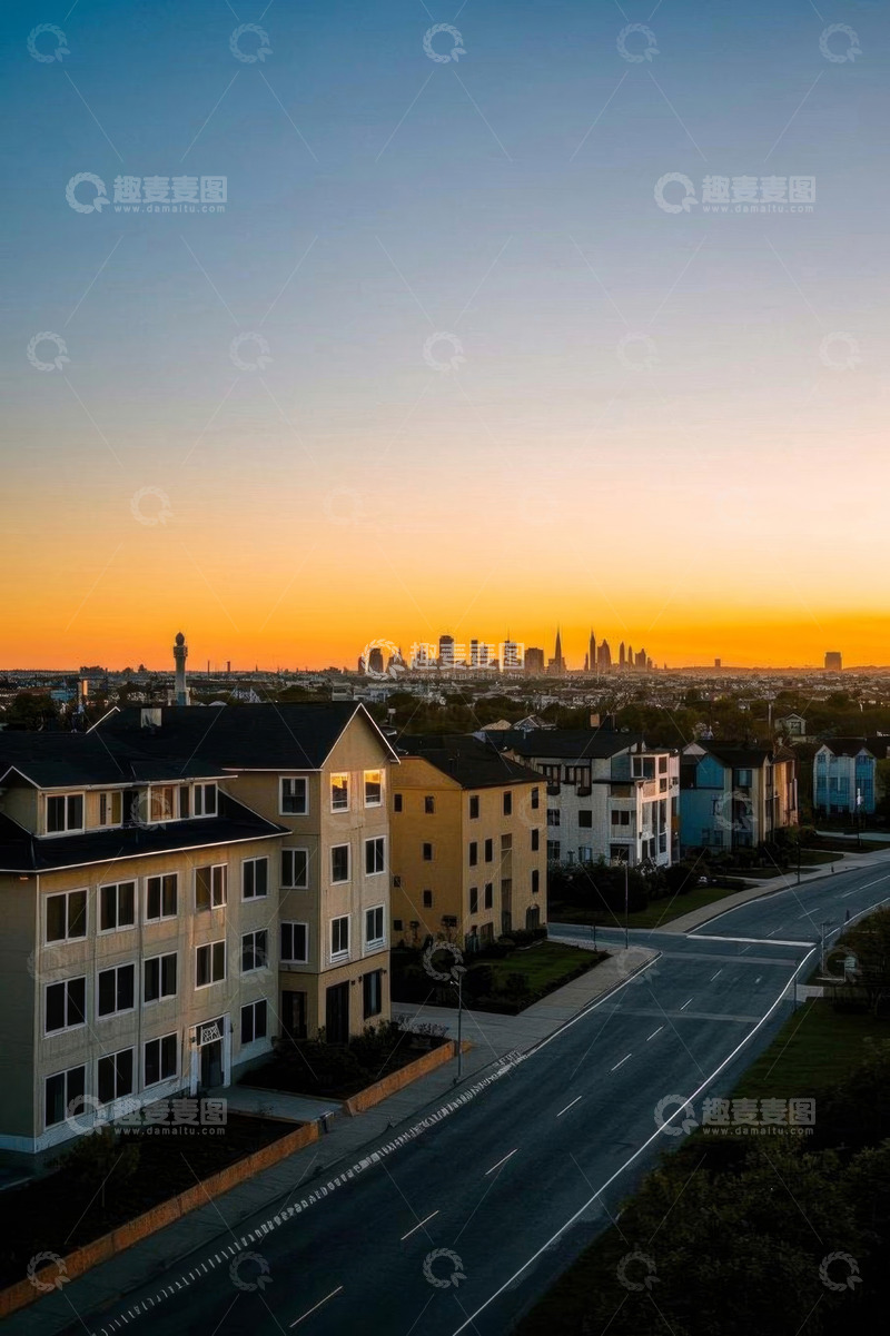 高清大图下载【趣麦麦图】住宅区远景与城市天际线景观