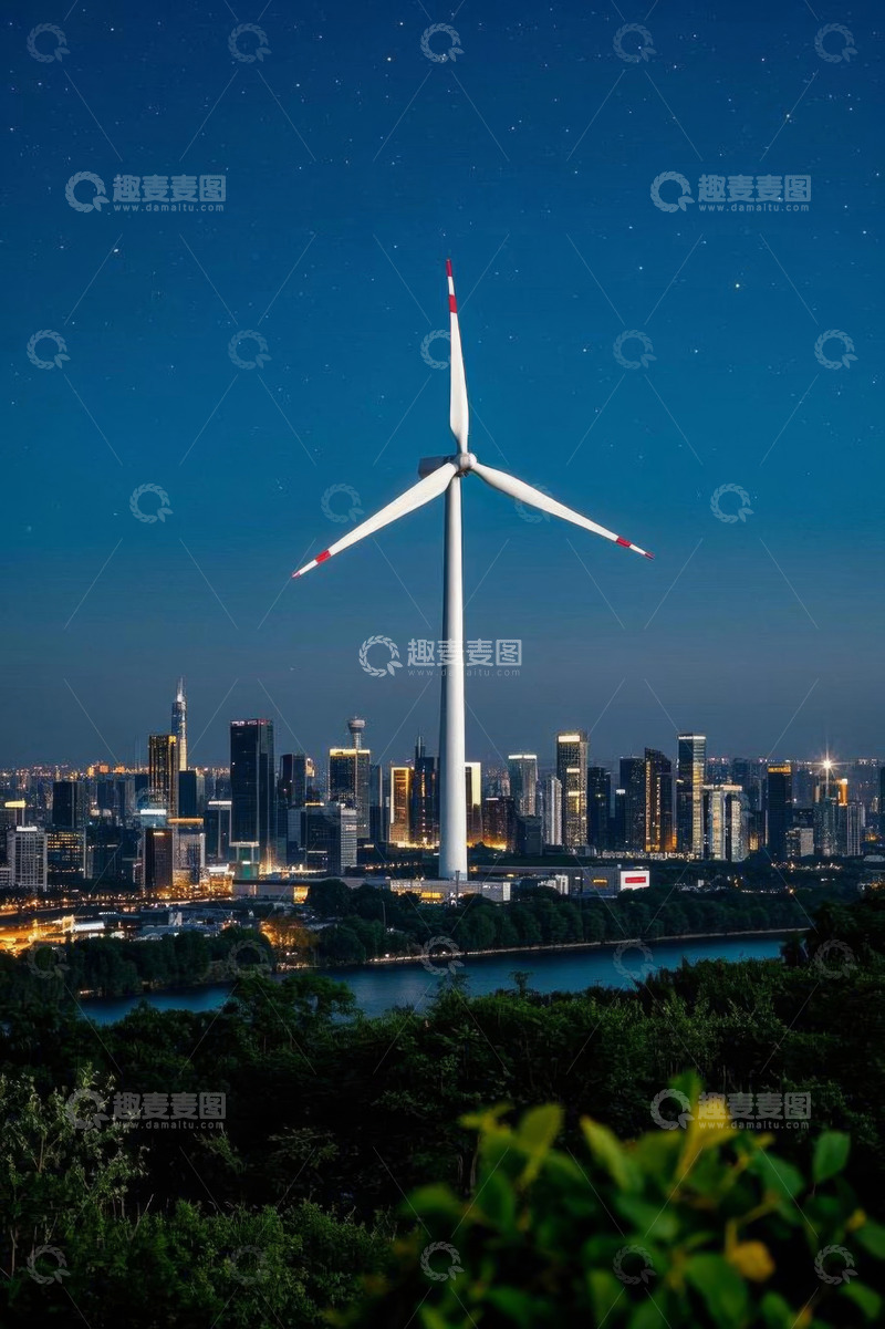 高清大图下载【趣麦麦图】城市夜景中的风力发电机