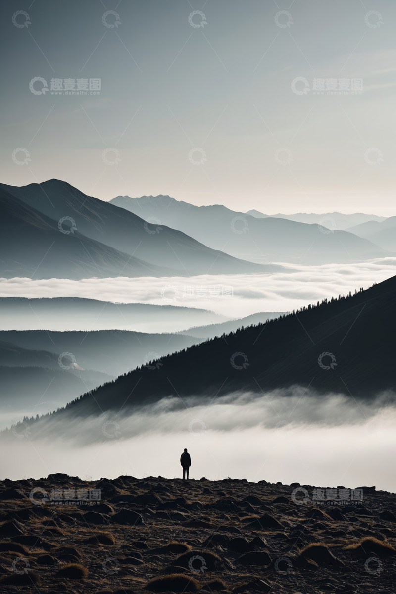 高清大图下载【趣麦麦图】山顶人物眺望云海山峦