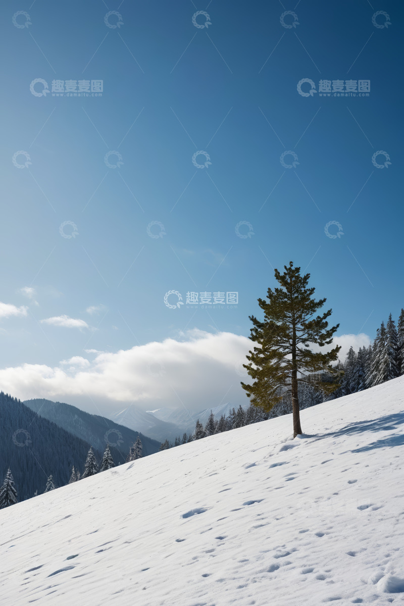 高清大图下载【趣麦麦图】雪中山坡上的孤树景观